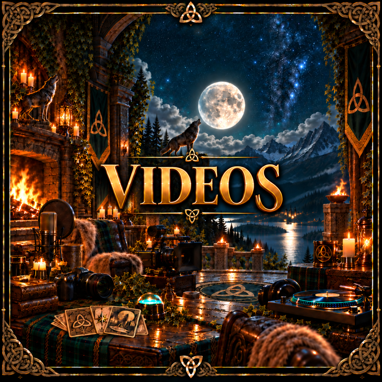 Celtic moonlit wolf artwork labeled Videos