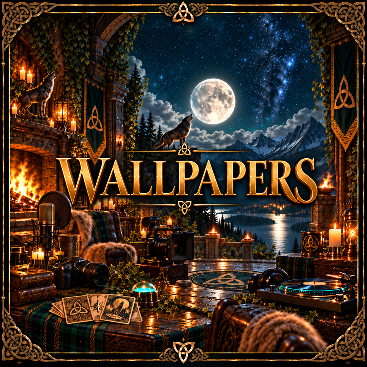 Celtic moonlit wolf artwork with the word Wallpapers